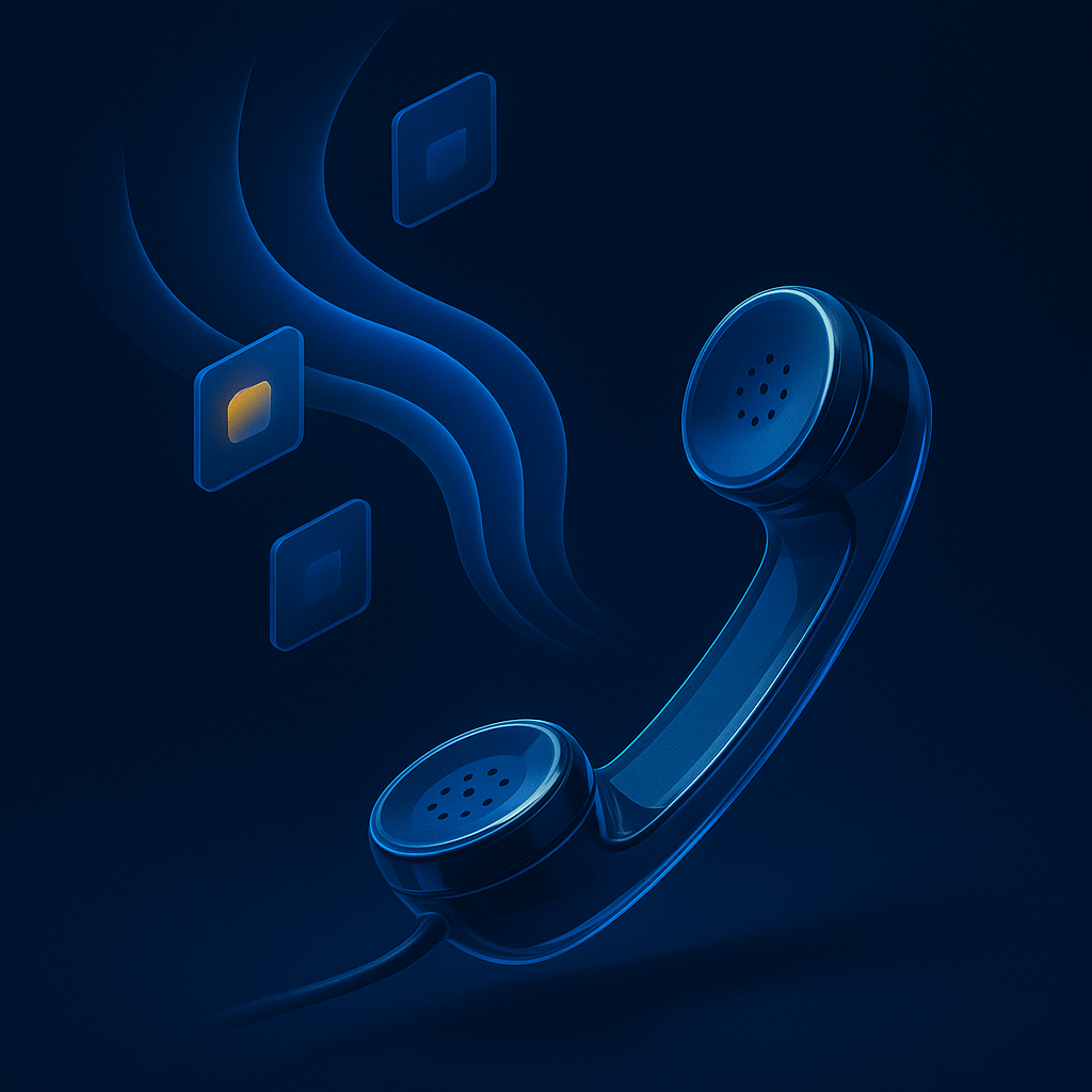 A glass telephone handset emanating sound waves that route toward orbiting tiles — representing intelligent call routing.