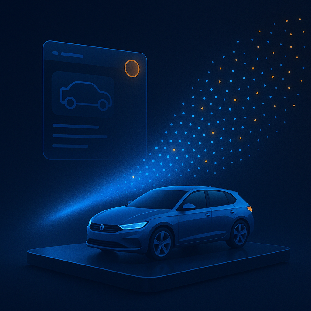 A trail of light particles fanning out into a constellation of glowing dots, suggesting a mass campaign reaching segmented audiences.