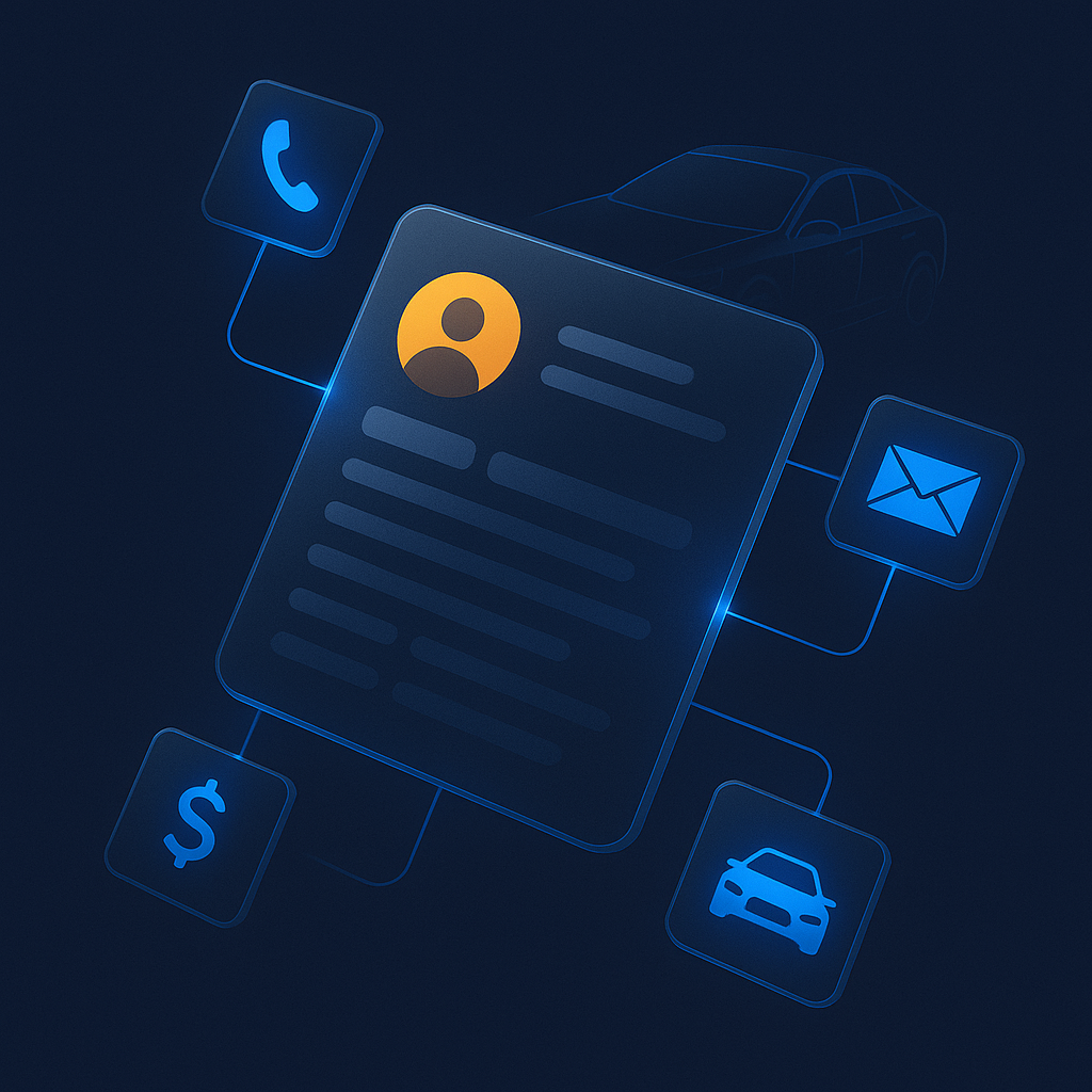 A unified customer record at the center, surrounded by satellite tiles for calls, email, vehicle and finance — showing how every interaction lives on one profile.