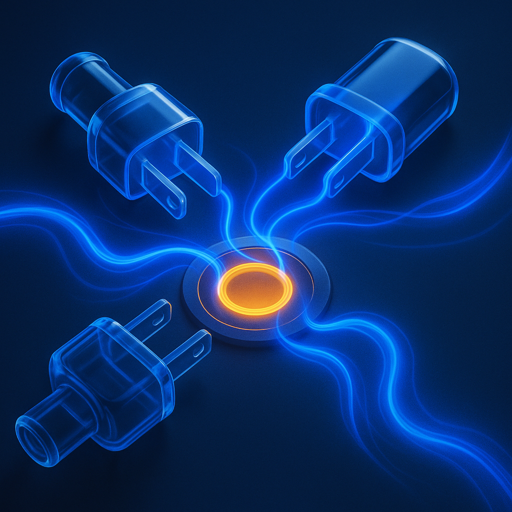 Three glass plug tokens converging into a glowing socket, representing every ad platform connecting to one CRM.