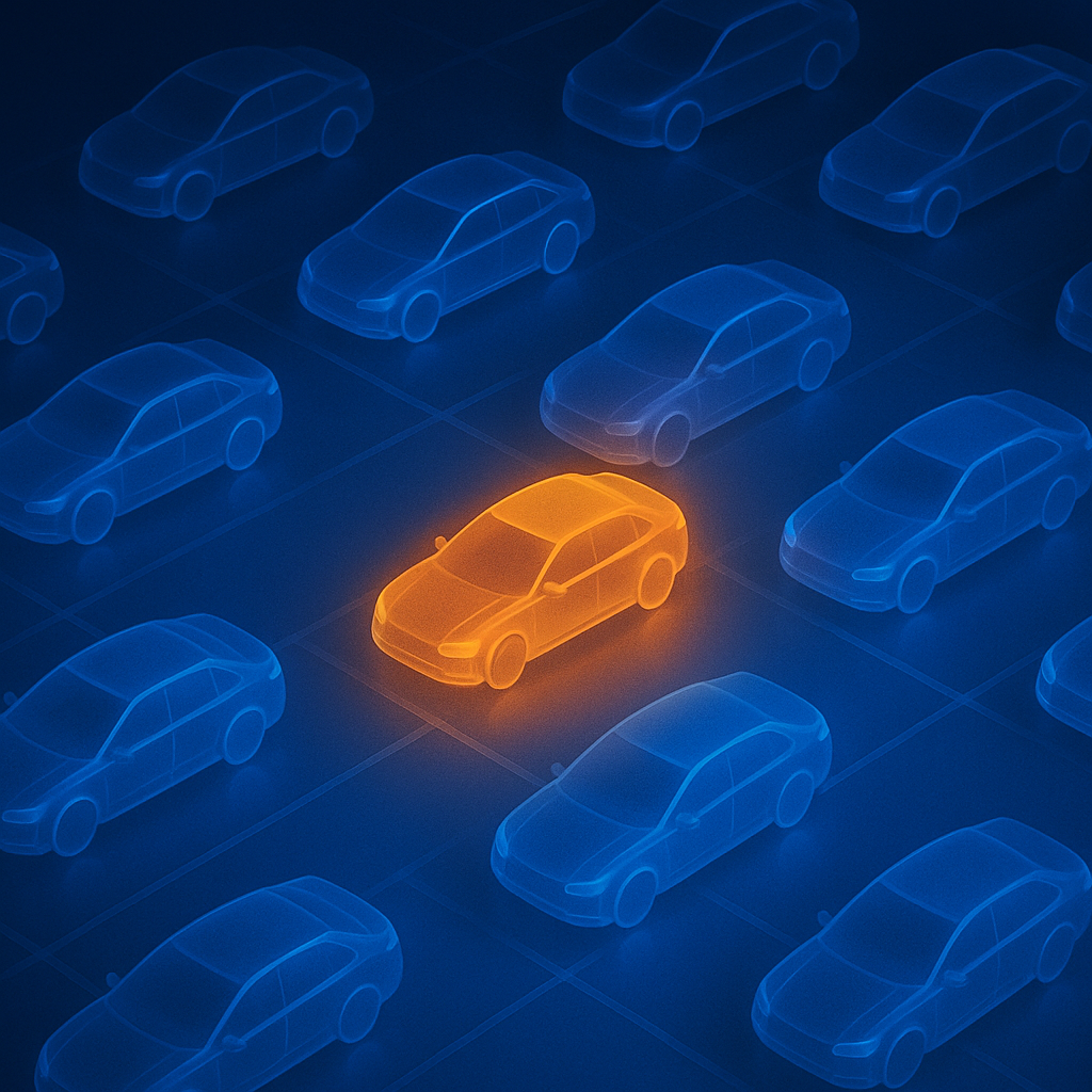 A grid of glass car silhouettes arranged like an isometric parking lot, with one center vehicle highlighted in amber — representing every VIN indexed in one place.